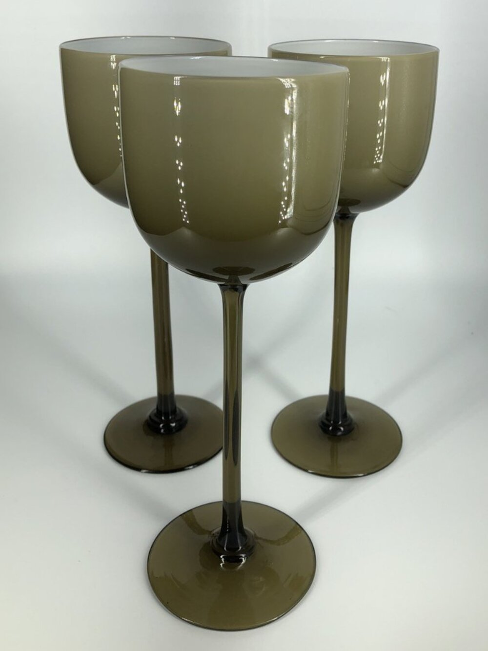 1960’s Carlo Moretti Smoke Green Glasses ~ Cased White ~ Barware ~Italy Set of 3